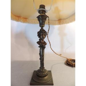 Bronze Base Lamp, Bust Of A Woman Resting On A Column, 19th Century