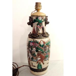 Nanking Porcelain Lamp, Canton, Polychrome Enameled Decoration On Crackle Background, 19th Century