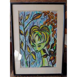 Painting On Paper, Stylized Portrait Of A Young Woman Surrounded By Greenery, 1970, 20th Century