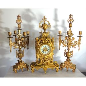 Gilt Bronze Fireplace Surround Large Clock With Candelabra Height 54 Cm 19th Century
