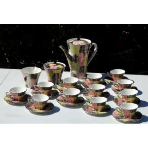 Sarreguemines Coffee Service, Hand-painted Model From The 70s, Perfect Condition, New, 20th Century