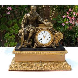 Gilt Bronze Clock, Mantelpiece, Henri IV Leaning On A Book. 19th Century