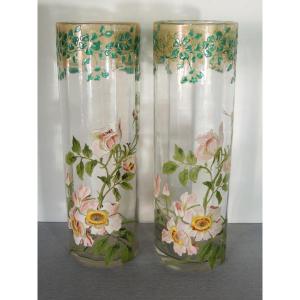 Pair Of Enamelled Glass Vases, Scroll Vases Decorated With Anemone Flowers, Art Nouveau, 20th Century 
