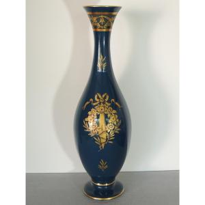 Large Ceramic Vase In Tours Blue Enhanced With Gold, Baked In The Sèvres Style, 20th Century