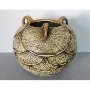 Ceramic Vase Decorated With Large Water Lily-style Leaves Topped With 3 Handles At The Neck, 20th Century