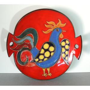 Catalan Ceramics Empty Pocket, Ear Plate With Rooster San Vicens Artist Conrad, 20th Century 