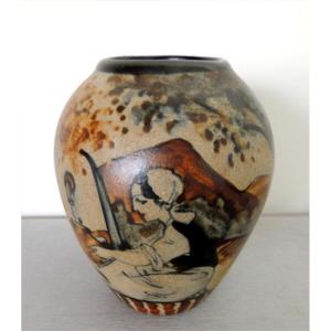 Ciboure Vase In Enamelled Stoneware, Traditional Basque Rotating Scene Richard Le Corrone 20th Century