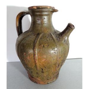 Glazed Pottery, Walnut Oil Jug, Auvergne Demijohn, Folk Art, 18th Century