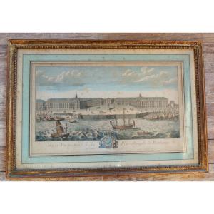 Bordeaux, Colored Etching Print Of Place Royale, From The Bourse Published By Vaneck, 18th Century