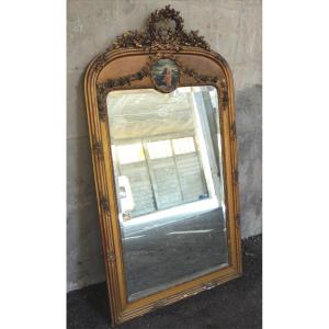 Mirror, Louis XVI Style Gilded Mirror In Wood And Stucco, Small Trumeau For Fireplace, Late 19th Century