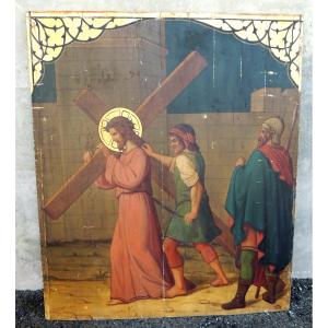 Oil Painting On Wood With Gold Highlights, Scene Of Christ Carrying His Cross, Early 19th Century