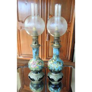 Pair Of Enamelled Ceramic Oil Lamps, Floral Decoration In Multiple Colors, 19th Century