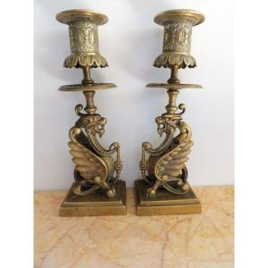 Pair Of Gilt Bronze Candlesticks, Baroque Style Dragon Model Torches, Early 19th Century