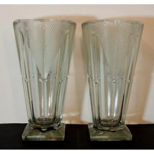 Pair Of Hand-cut Crystal Vases, Art Deco Style, 26 Cm High, 20th Century