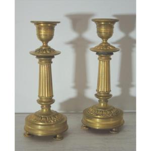 Pair Of Small Candlesticks, Pair Of Empire Period Gilt Bronze Candlesticks, 19th Century 