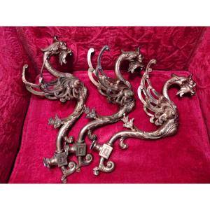 Gallows, 3 Old Gas Lamp Sconces, Bronze Winged Dragon Model, 19th Century