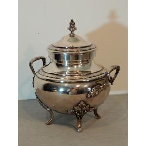 Solid Silver Sugar Bowl, Master Silversmith Armand Frenais (1877 - 1927) Leaf Decoration, 20th Century