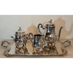 Coffee And Tea Service On Tray, Silver-plated Metal, Hallmarks Dr 50, Claw Feet, 20th Century