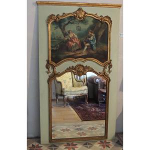 Painted Wooden Trumeau With Canvas Decoration Of A Young Couple Playing The Horn, Late 18th Century
