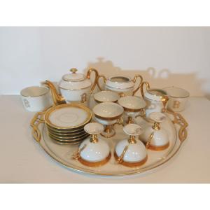 Limoges Porcelain Coffee Service, 18 Pieces With Its Monogrammed Tray, 20th Century