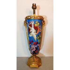 Porcelain And Gilt Bronze Lamp Base, Japanese-style Decoration Of Flowers And A Stork, 19th Century