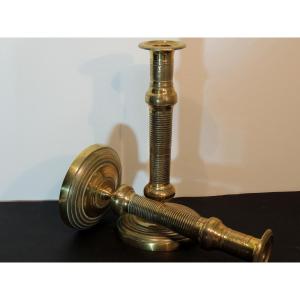 Pair Of Gilt Bronze Candlesticks, Finely Chiseled Torches, Empire Consulate, 19th Century