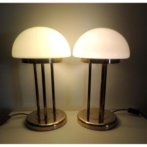 Pair Of Brass Lamps Topped With Opaline Hats, Léola House In Germany, 20th Century