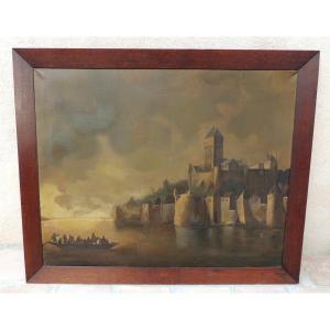 Oil Painting On Canvas, Decoration Of A Boat Approaching A Village, 18th Century
