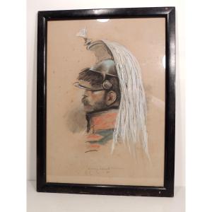 Watercolor, Pastel, Portrait Of A Captain Of The Dragoons, By Edmond Lajoux From 1931, 20th Century  