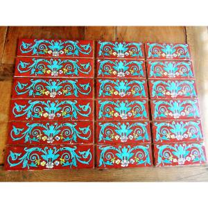 16 Polychrome Ceramic Art Nouveau Tiles With High Relief, Frieze 3.80 M Long, 20th Century