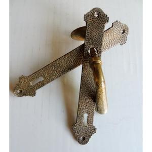 Door Handles With Their Silver-plated Bronze Plates, Art Nouveau, Hammered Model, 20th Century