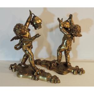 Pair Of Gilt Bronze Wall Lights, Cherubs, Late 19th Century 