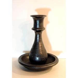 Enamelled Ceramic Candle Holder By Jean Marais, Terracotta With Glossy Black Patina, 20th Century 