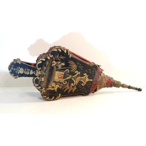 Old Asian Fireplace Bellows, Chinese Lacquer Decoration, 18th Century  
