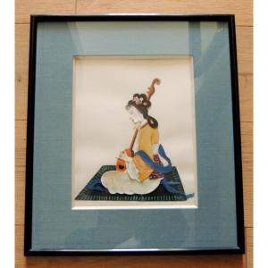 Cutting And Collage On Paper Of A Musician Playing A Stringed Instrument, Japan, 20th Century