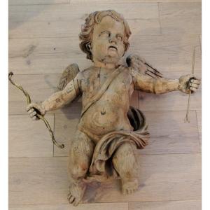 Wooden Angel From The 18th Century, Louis XIV Regency Period, Little Polychromy Remains, 60 Cm High.