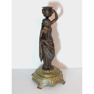 Spelter Candlestick/torch On A Bronze Base, Napoleon III Period, 19th Century