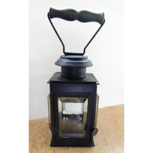 Small Hand Lantern, Sheet Metal Oil Lamp With 4 Beveled Crystal Windows, 19th Century 