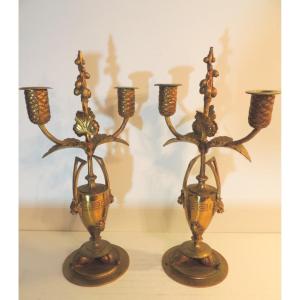 Pair Of Gilt Bronze Candlesticks, Pair Of Art Deco Torches, 20th Century Greek Style