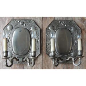 Pair Of Art Nouveau Two-arm Wall Sconces, 20th Century