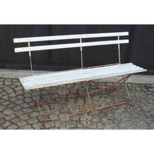 Folding Garden Bench, Iron Frame, Wooden Slat Back And Seat, 20th Century 