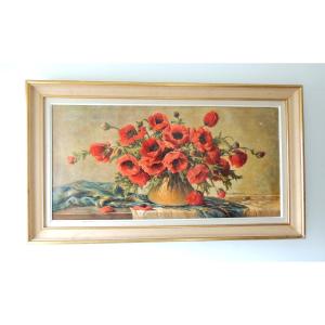 Painting, Oil On Canvas By Erich Krüger, Bouquet Of Poppies In A Vase, 20th Century