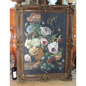 Large Painting, Oil On Canvas By Anne France, Bouquet Of Flowers In A Vase, 19th Century
