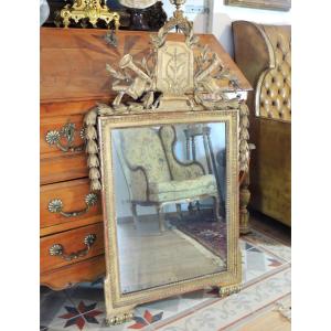 Gilded Wood Mirror, Pediment Decorated With Musical Instruments, Mercury Glass, 18th Century 