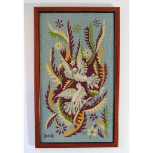 Wool Wall Tapestry By Elie Grekoff (1914-1985), Mozet Workshop, "the Turtle Doves," 20th Century