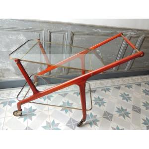 Cesare Lacca (1929), Mahogany Rolling Serving Cart With Glass Shelves, 20th Century