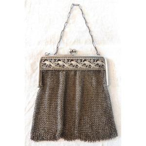 Chainmail Pouch, Bag, Alms Purse, 800 Silver Hallmarked, Framed With Peacock Decoration 
