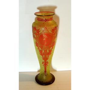Montjoye Vase, Saint Denis Glassworks, Acid-etched Decoration On A Frosted, Starry Background, Late 19th Century 