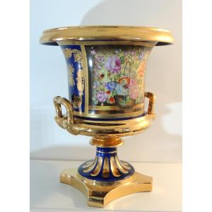 Large Medici Porcelain Vase, 50 Cm High, Decorated In 4 Panels Highlighted With Gold, 19th Century 
