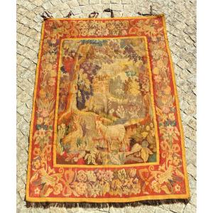 Aubusson Wool Tapestry, Decorated With Goats And A Castle In The Background, 18th Century